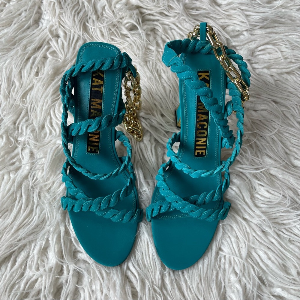 Kat Maconie Teal Blue Gold Chain Avril Hourglass Leather Braided Heels NWOB Sz 8 - Picture 5 of 10